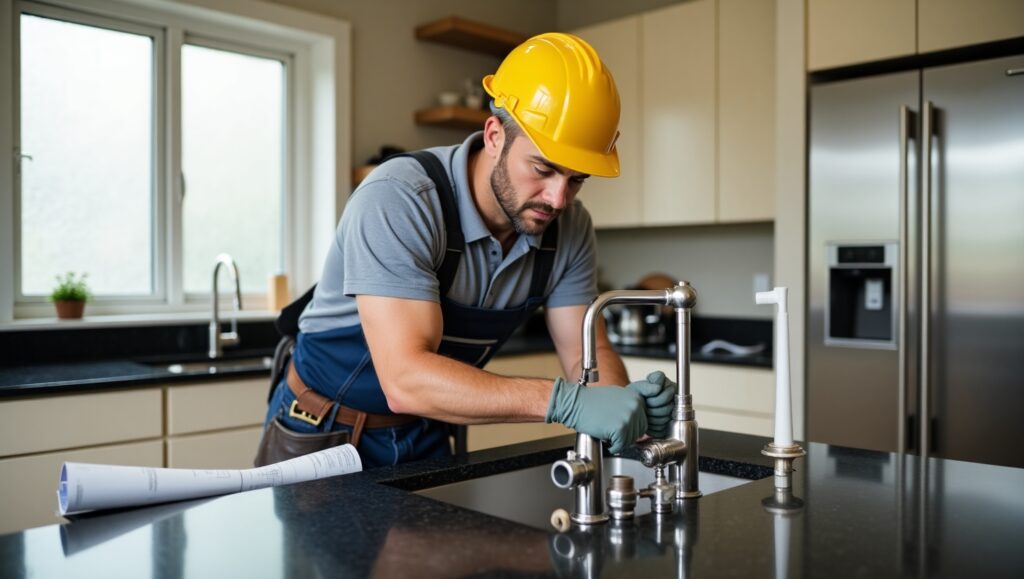 Plumber working to install pot filler